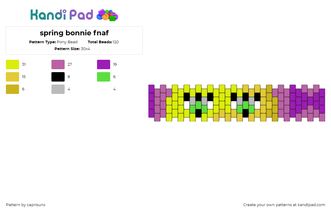 spring bonnie fnaf - Pony Bead Pattern by caprisunx on Kandi Pad - bonnie,fnaf,five nights at freddys,video game,cuff,character,horror,purple,yello