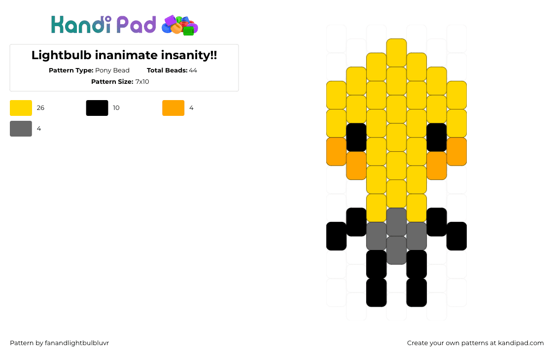 Lightbulb inanimate insanity!! - Pony Bead Pattern by fanandlightbulbluvr on Kandi Pad - lightbulb,inanimate insanity,character,animation,tv show,yellow