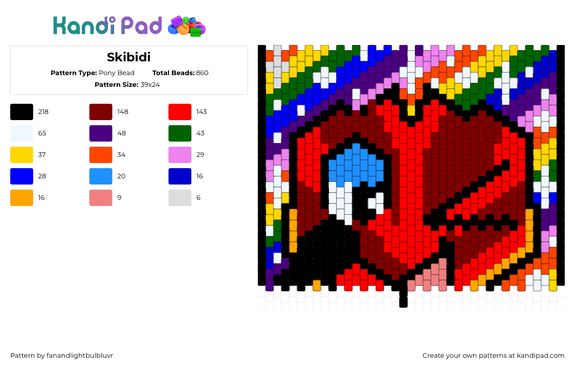 Skibidi - Pony Bead Pattern by fanandlightbulbluvr on Kandi Pad - red,purple,brown