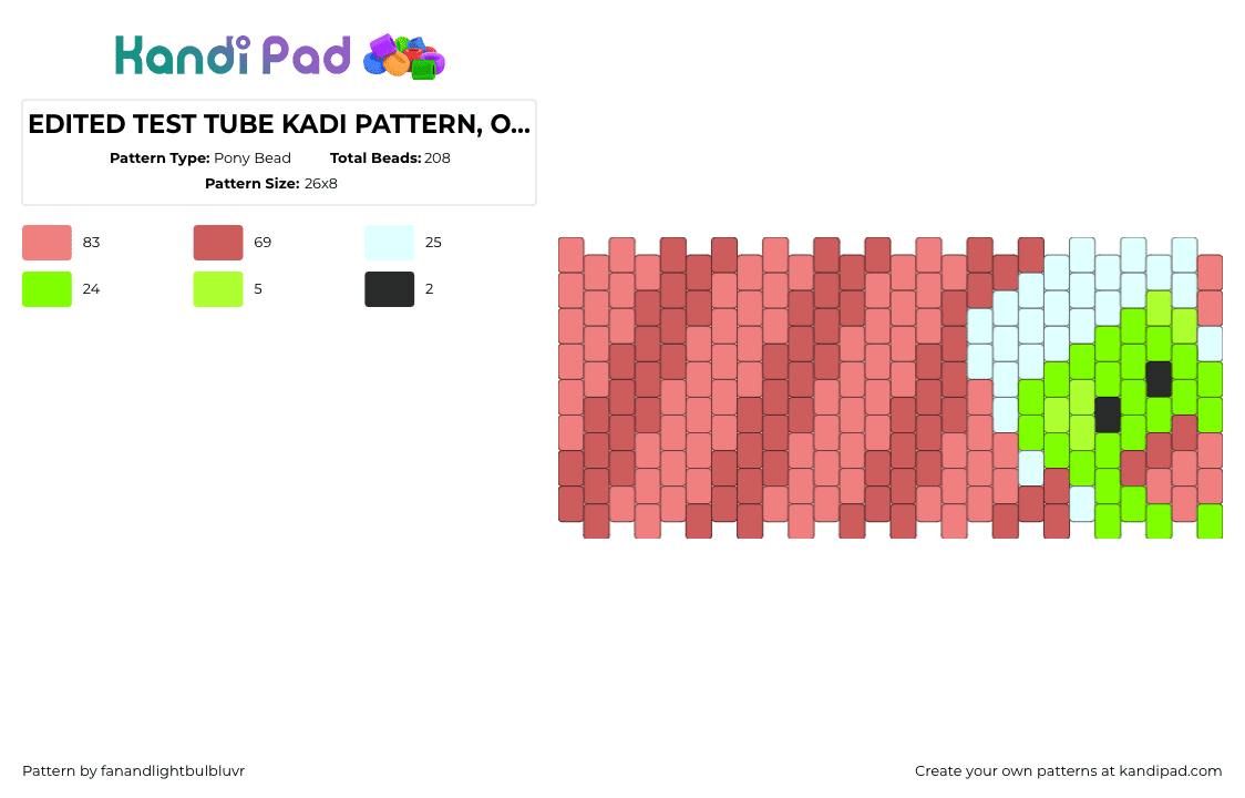 EDITED TEST TUBE KADI PATTERN, ORIGINAL IS Brravo07 - Pony Bead Pattern by fanandlightbulbluvr on Kandi Pad - test tube,inanimate insanity,character,cuff,stripes,animation,pink,green