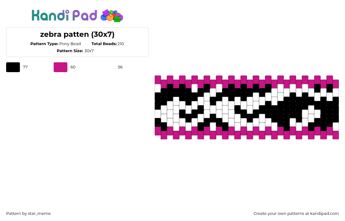 zebra patten (30x7) - Pony Bead Pattern by star_meme on Kandi Pad - zebra,animal print,cuff,black,white,pink