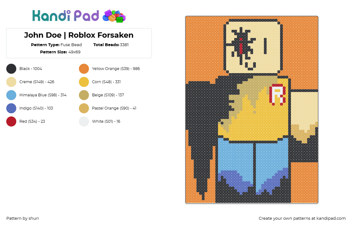 John Doe | Roblox Forsaken - Fuse Bead Pattern by shuri on Kandi Pad - john doe,roblox,horror,character,video game,yellow,orange