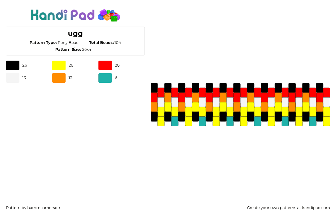 ugg - Pony Bead Pattern by hammaamersom on Kandi Pad - zipper,colorful,bracelet,cuff,red,orange,yellow