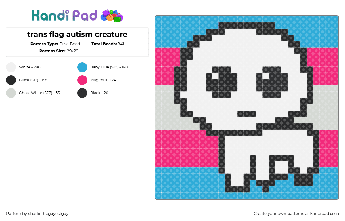 trans flag autism creature - Fuse Bead Pattern by charliethegayestgay on Kandi Pad - yippee,autism,trans,pride,creature,white,light blue,pink