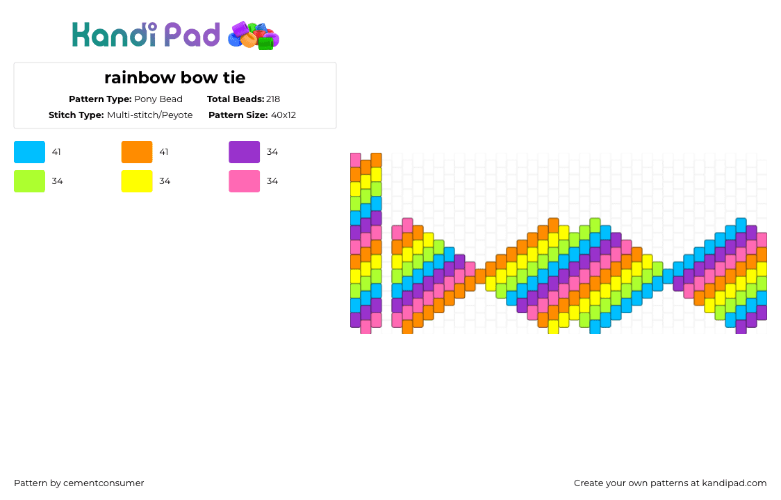 rainbow bow tie - Pony Bead Pattern by cementconsumer on Kandi Pad - light blue,yellow,pink,colorful,rainbow,bow tie