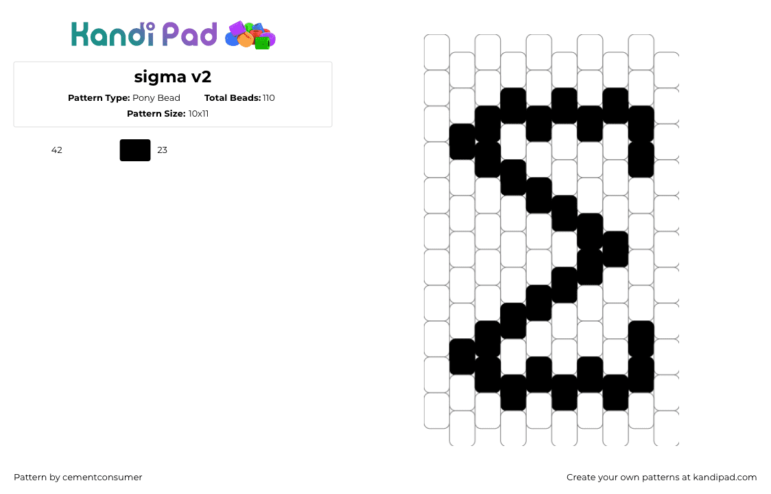 sigma v2 - Pony Bead Pattern by cementconsumer on Kandi Pad - sigma,symbol,greek,charm,white,black