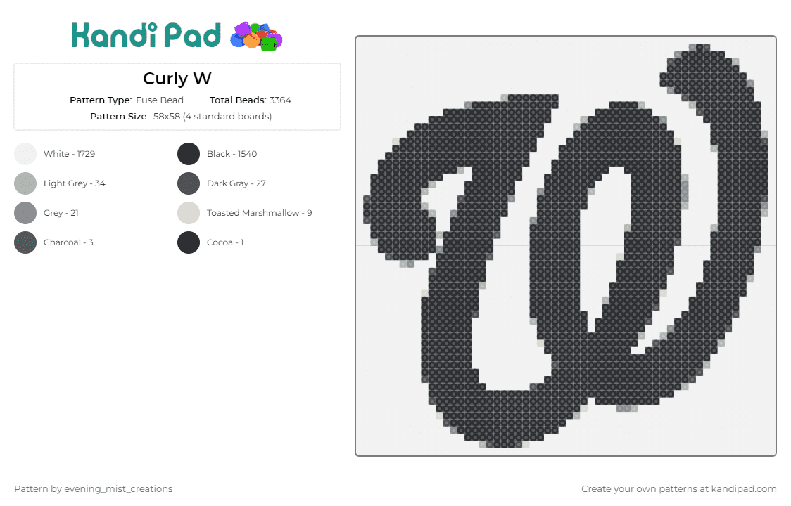 Curly W - Fuse Bead Pattern by evening_mist_creations on Kandi Pad - w,letter,alphabet,cursive,black