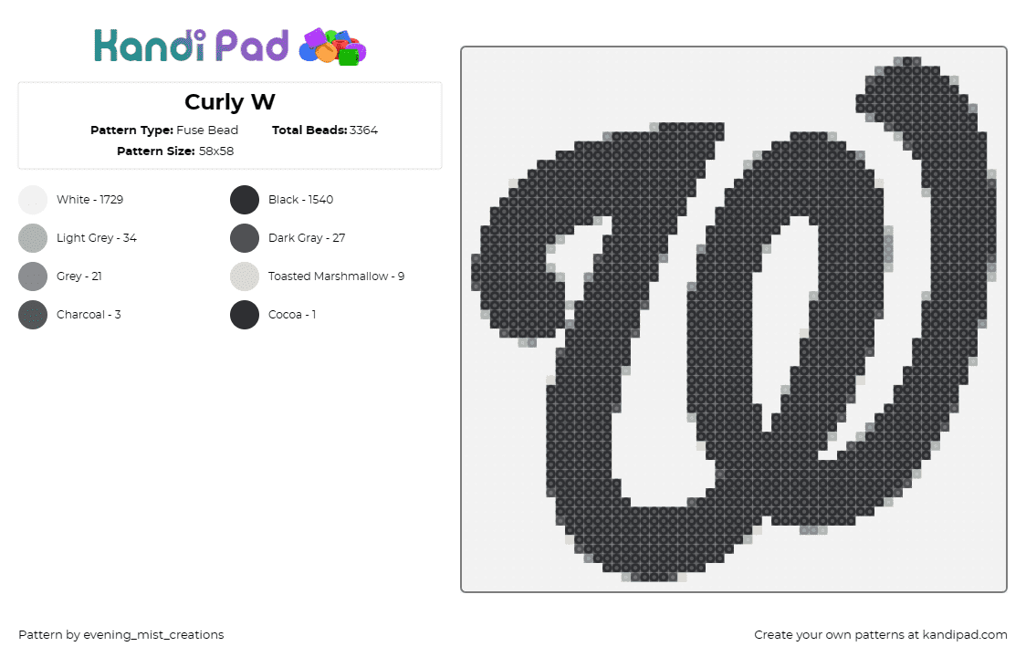 Curly W - Fuse Bead Pattern by evening_mist_creations on Kandi Pad - letter,alphabet,w,cursive,walgreens,black