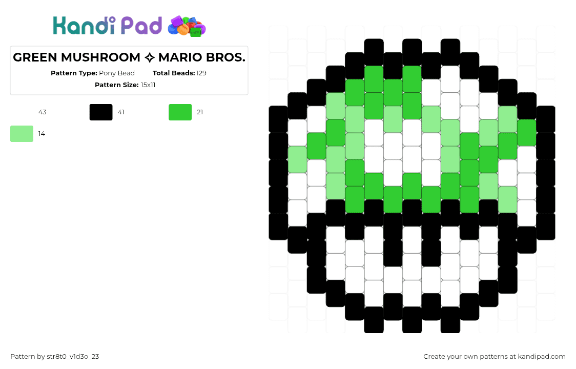 GREEN MUSHROOM ✧ MARIO BROS. - Pony Bead Pattern by str8t0_v1d3o_23 on Kandi Pad - 1up,mushroom,mario,nintendo,charm,video game,green,white