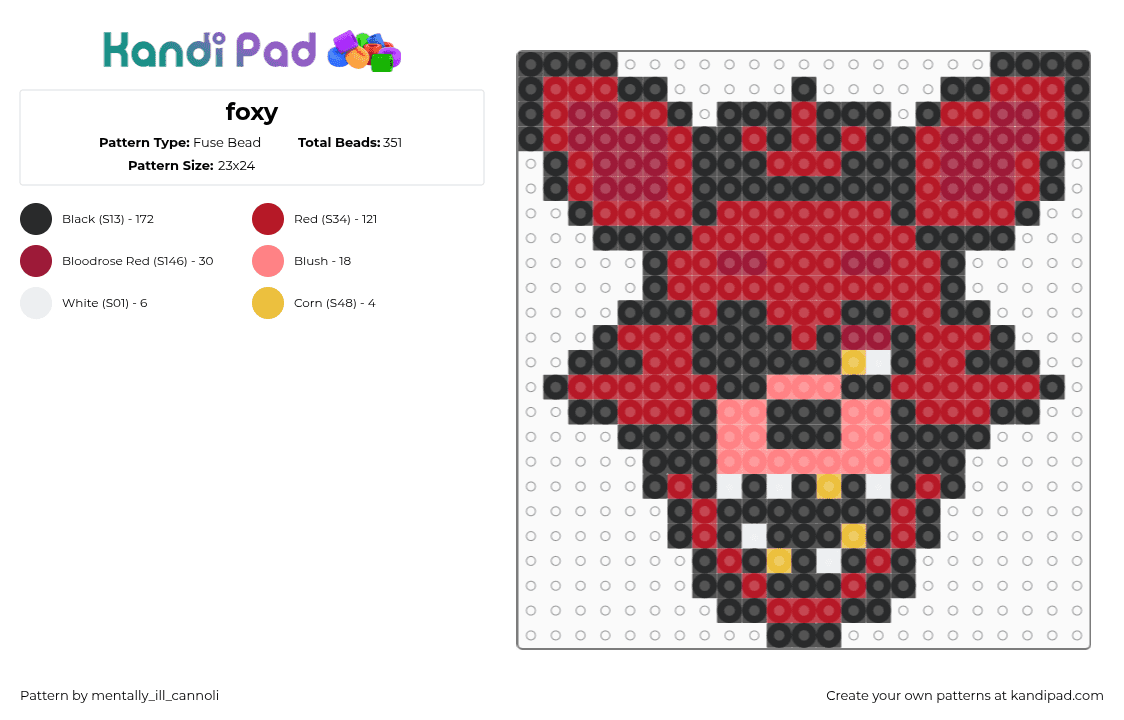 foxy - Fuse Bead Pattern by cannoli on Kandi Pad - foxy,fnaf,five nights at freddys,character,horror,video game,head,red