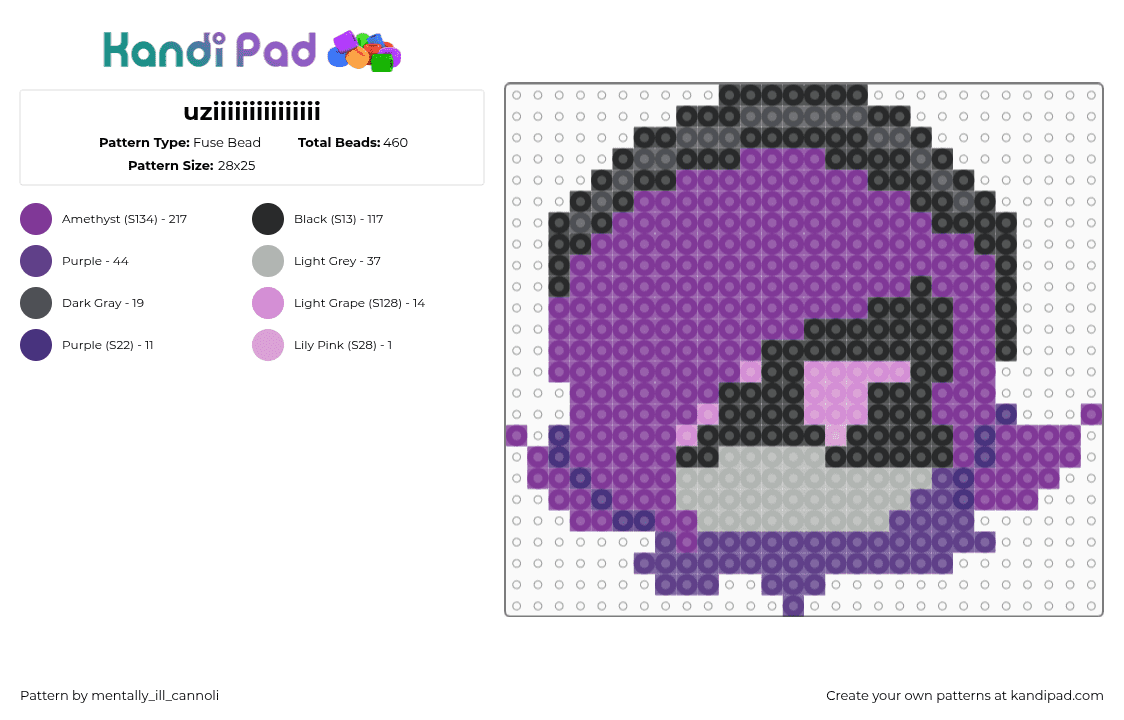 uziiiiiiiiiiiiiii - Fuse Bead Pattern by mentally_ill_cannoli on Kandi Pad - uzi,murder drones,head,character,animation,tv show,purple,black