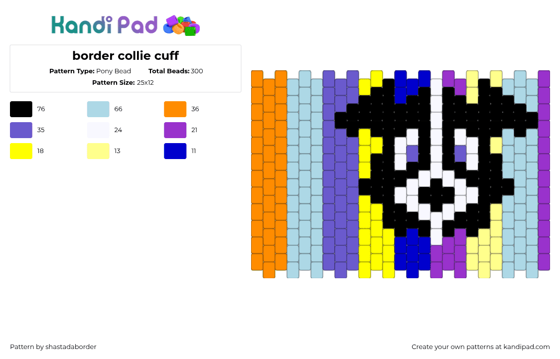 border collie cuff - Pony Bead Pattern by shastadaborder on Kandi Pad - border collie,dog,vertical,stripes,animal,cuff,colorful,black,light blue