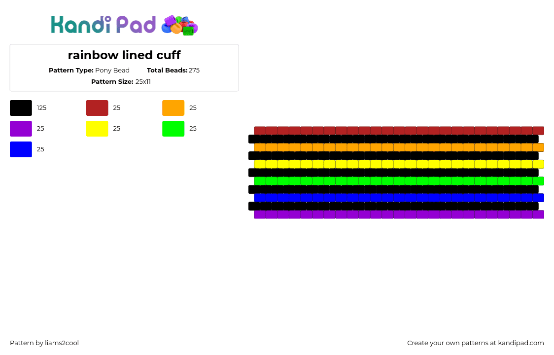 rainbow lined cuff - Pony Bead Pattern by liams2cool on Kandi Pad - rainbow,horizontal,stripes,cuff