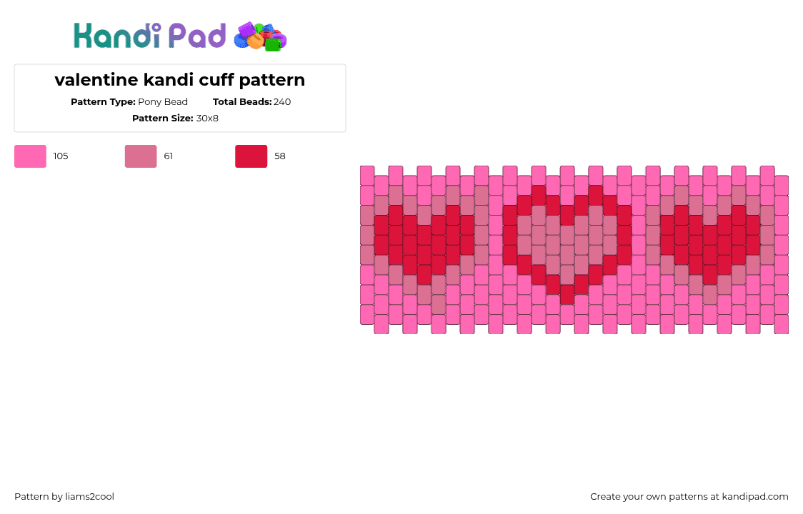 valentine kandi cuff pattern - Pony Bead Pattern by liams2cool on Kandi Pad - hearts,valentine,love,cuff,red,pink