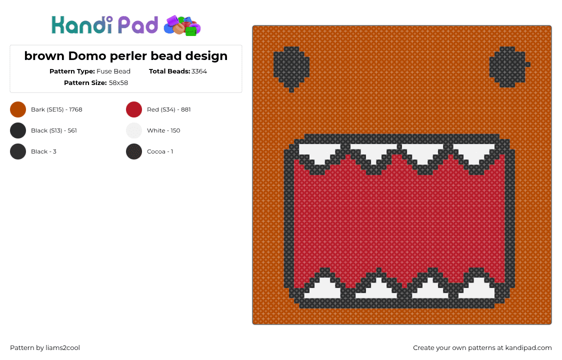 brown Domo perler bead design - Fuse Bead Pattern by liams2cool on Kandi Pad - domo,mouth,face,panel,brown,red