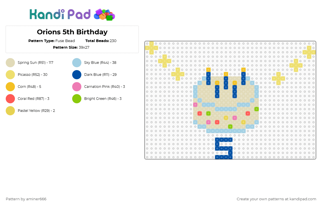 Orions 5th Birthday - Fuse Bead Pattern by aminer666 on Kandi Pad - light blue,beige,yellow