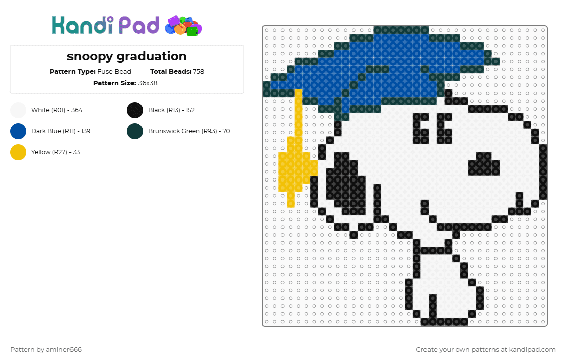 snoopy graduation - Fuse Bead Pattern by aminer666 on Kandi Pad - snoopy,graduate,peanuts,character,graduation,dog,cartoon,animal,white,blue