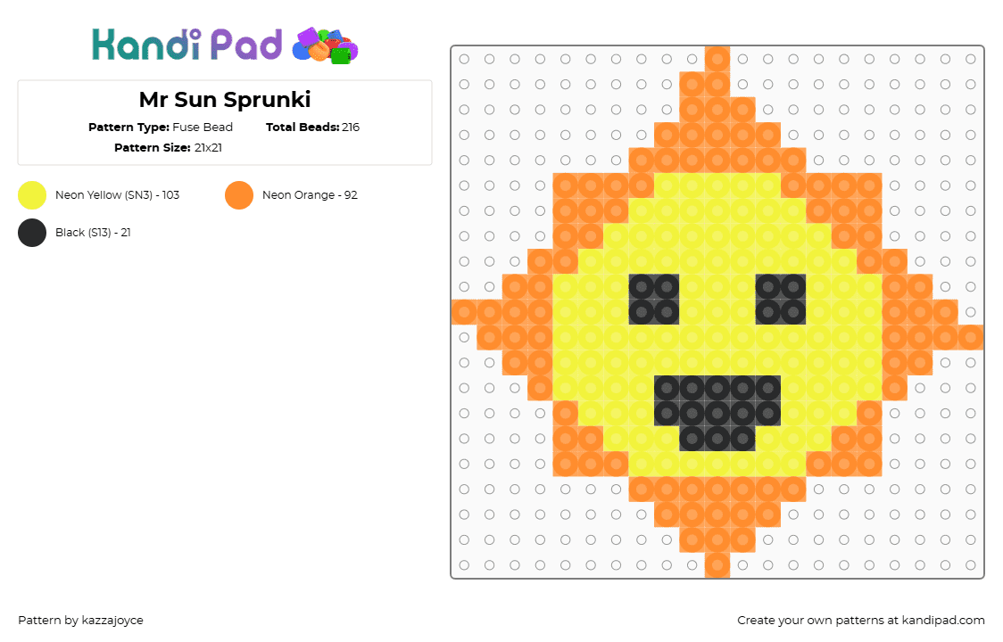 Mr Sun Sprunki - Fuse Bead Pattern by kazzajoyce on Kandi Pad - mr sun,sprunki,incredibox,face,character,video game,yellow,orange