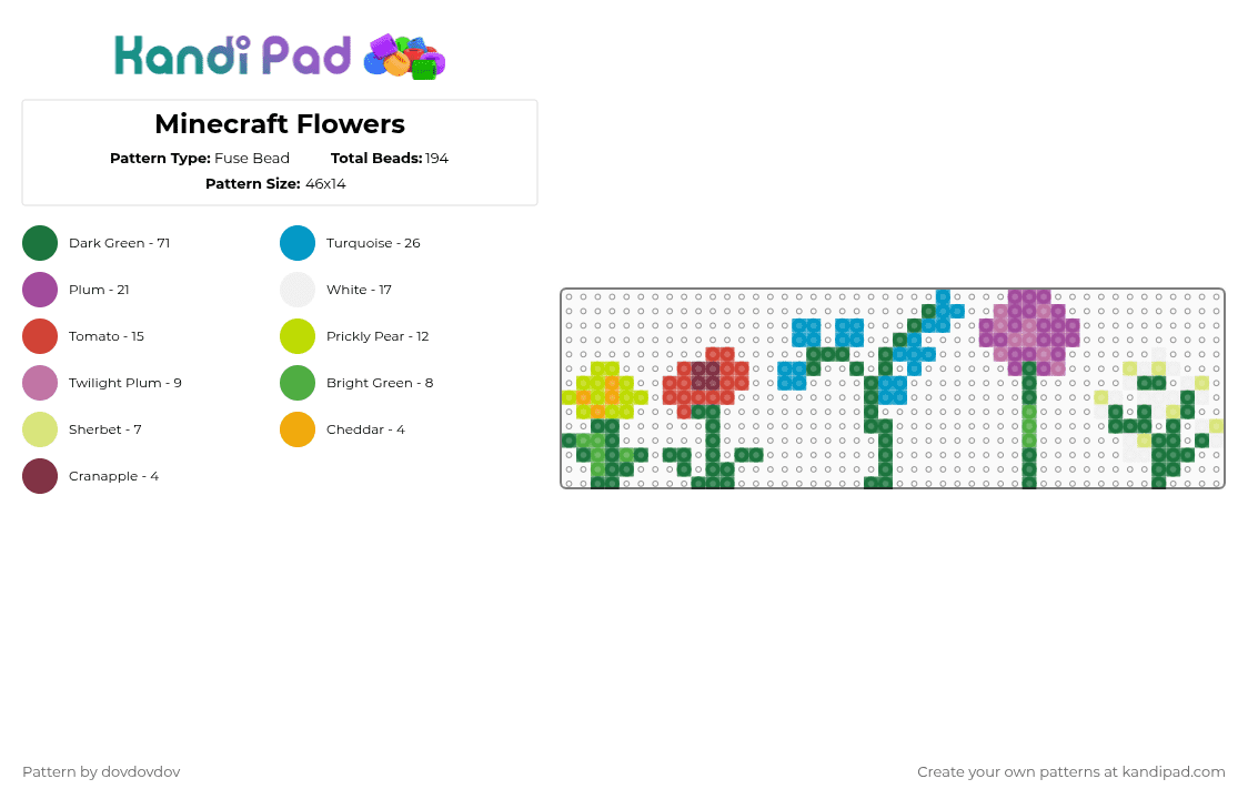 Minecraft Flowers - Fuse Bead Pattern by dovdovdov on Kandi Pad - green,light blue,pink,minecraft,flowers
