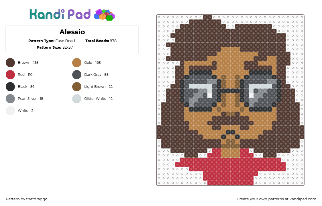 Alessio - Fuse Bead Pattern by thatdraggo on Kandi Pad - alessio,disventure camp,character,portrait,sunglasses,head,cartoon,tv show,brown