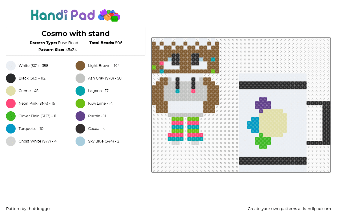 Cosmo with stand - Fuse Bead Pattern by thatdraggo on Kandi Pad - cosmo,medkit,dandys world,video game,character,colorful,brown,white