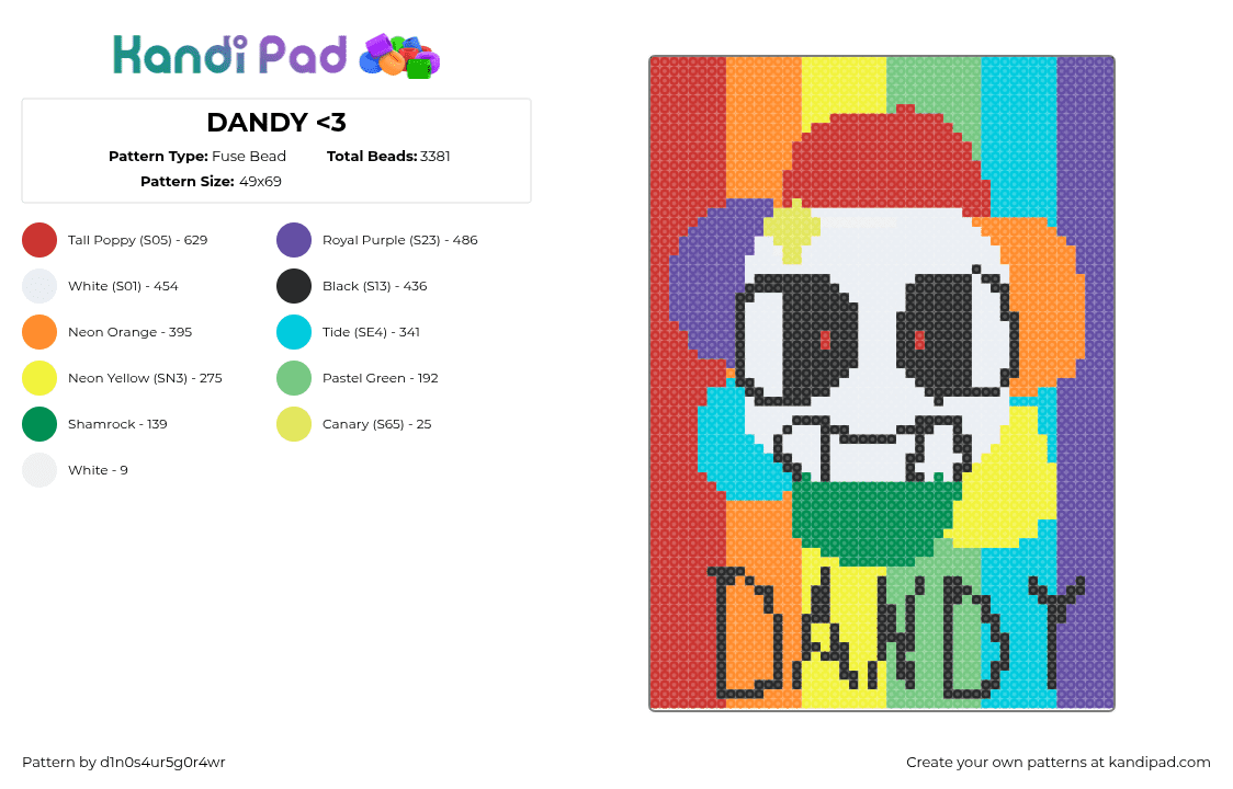 DANDY - Fuse Bead Pattern by d1n0s4ur5g0r4wr on Kandi Pad - dandy,dandys world,panel,video game,colorful