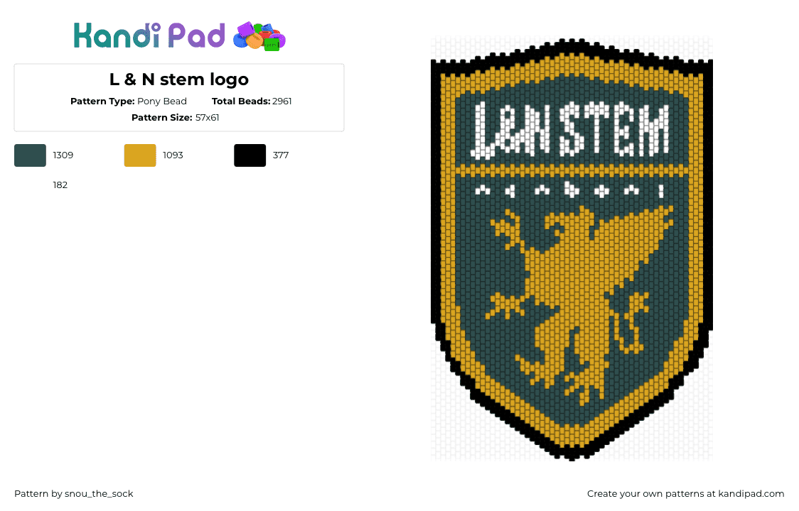 L & N stem logo - Pony Bead Pattern by snou_the_sock on Kandi Pad - ln stem academy,crest,school,logo,gryphon,shield,teal,gold