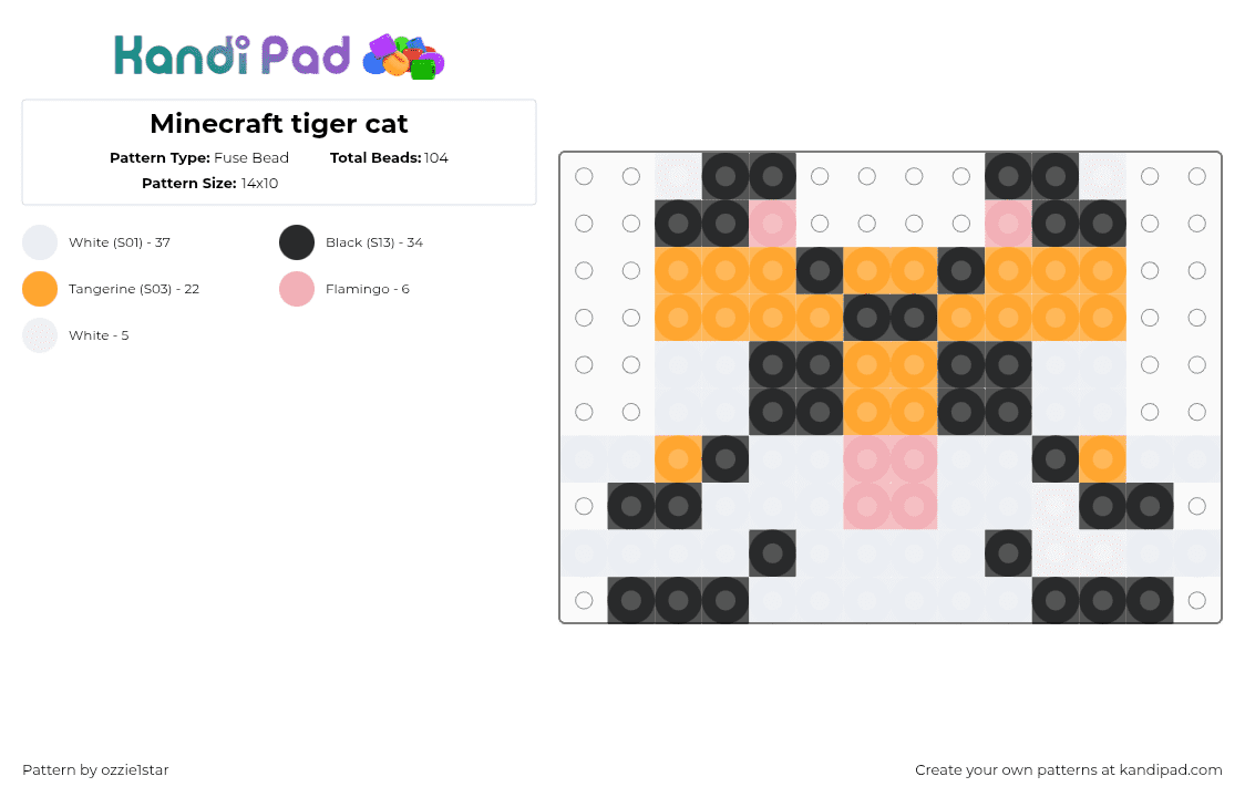 Minecraft tiger cat - Fuse Bead Pattern by ozzie1star on Kandi Pad - tiger,cat,minecraft,animal,video game,charm,orange,white