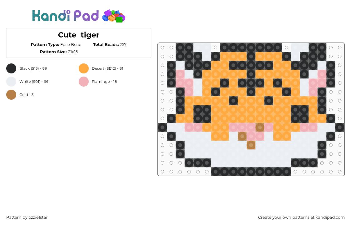 Cute  tiger - Fuse Bead Pattern by ozzie1star on Kandi Pad - tiger,cat,animal,wild,head,cute,charm,orange,white