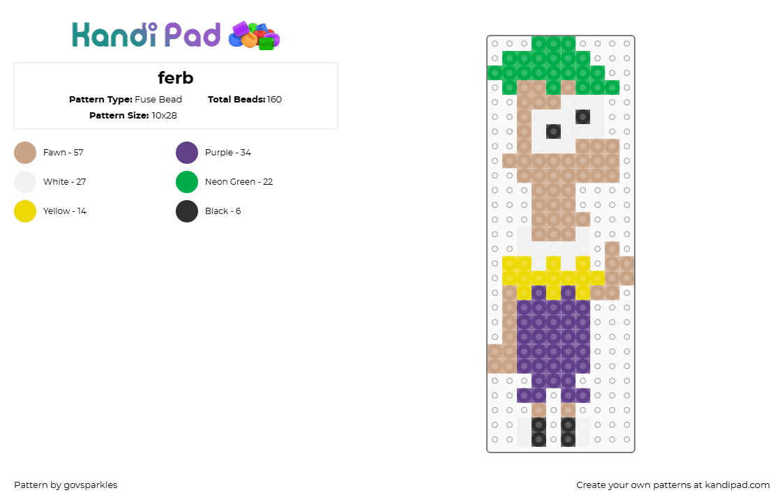 ferb - Fuse Bead Pattern by govsparkles on Kandi Pad - ferb,phineas and ferb,character,cartoon,tv show,tan,purple,green