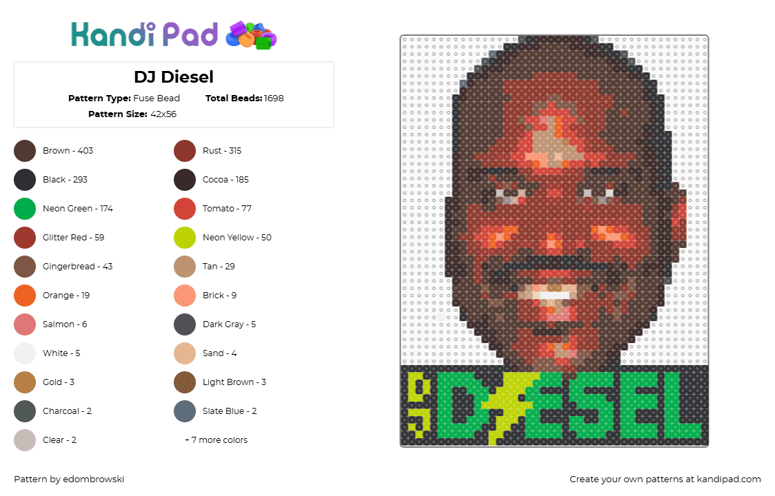 DJ Diesel - Fuse Bead Pattern by edombrowski on Kandi Pad - diesel,shaquille oneal,dj,portrait,music,dubstep,edm,brown,green,black