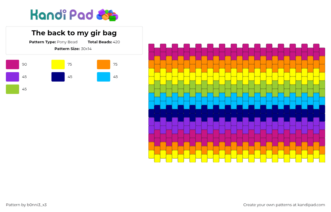 The back to my gir bag - Pony Bead Pattern by b0nni3_x3 on Kandi Pad - colorful,horizontal,stripe,bag,panel,yellow,pink