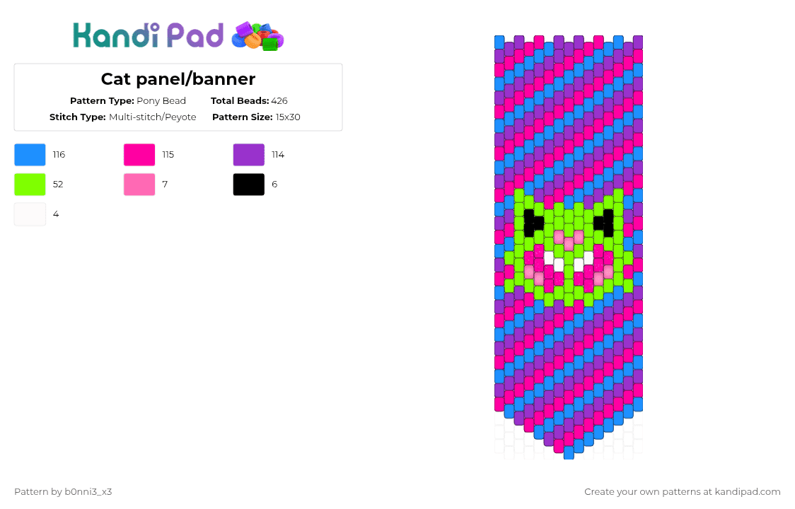 Cat panel/banner - Pony Bead Pattern by b0nni3_x3 on Kandi Pad - pink,light blue,purple,panel,cat,alien,banner,neon,cool