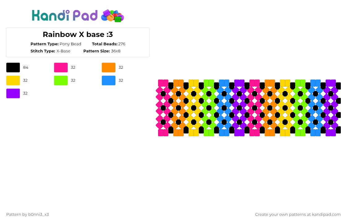 Rainbow X base :3 - Pony Bead Pattern by b0nni3_x3 on Kandi Pad - orange,green,purple,colorful
