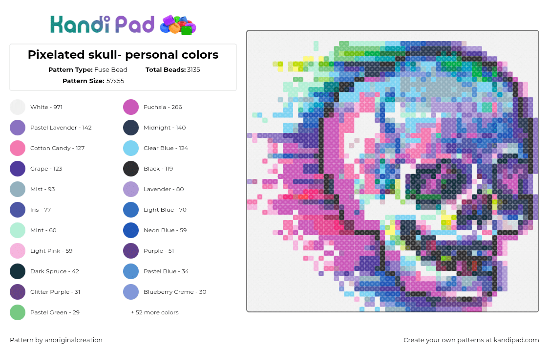 Pixelated skull- personal colors - Fuse Bead Pattern by anoriginalcreation on Kandi Pad - white,light blue,blue,purple,pink,colorful