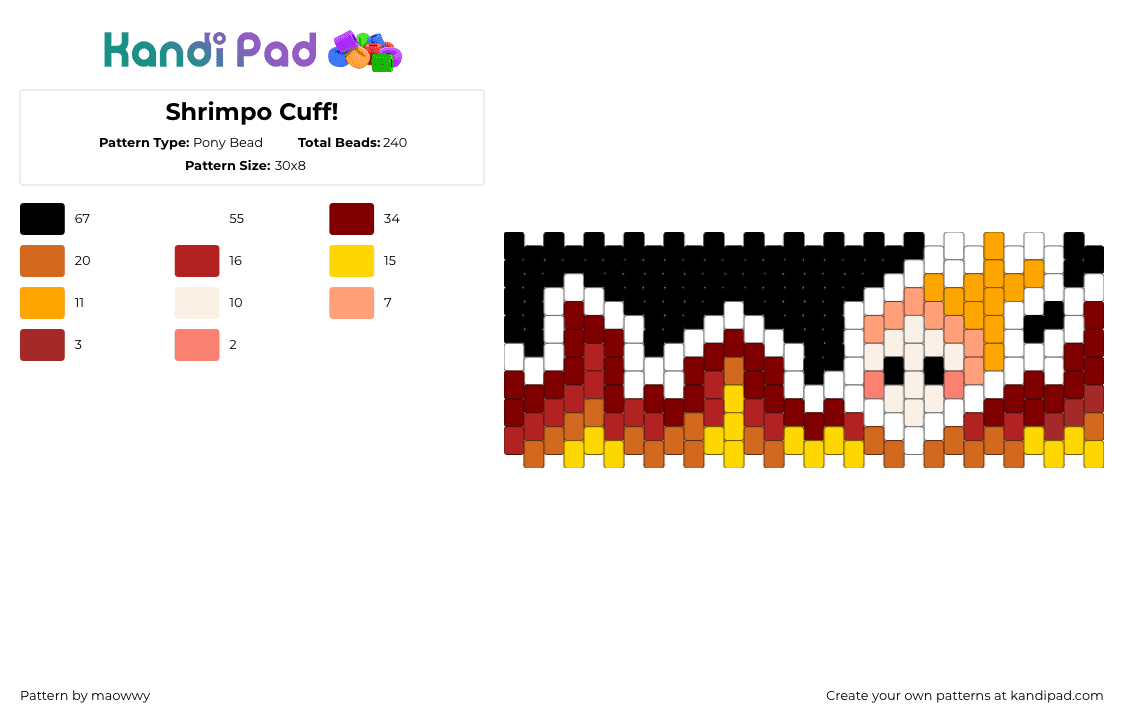 Shrimpo Cuff! - Pony Bead Pattern by maowwy on Kandi Pad - shrimpo,dandys world,fire,flames,character,video game,cuff,black,orange