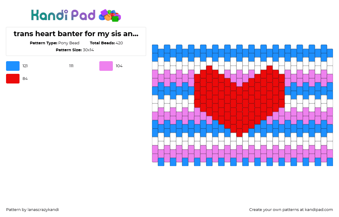 trans heart banter(?) for my sis and all the other trans babies! - Pony Bead Pattern by lanascrazykandi on Kandi Pad - trans,pride,heart,banner,tapestry,love,red,blue,pink,white