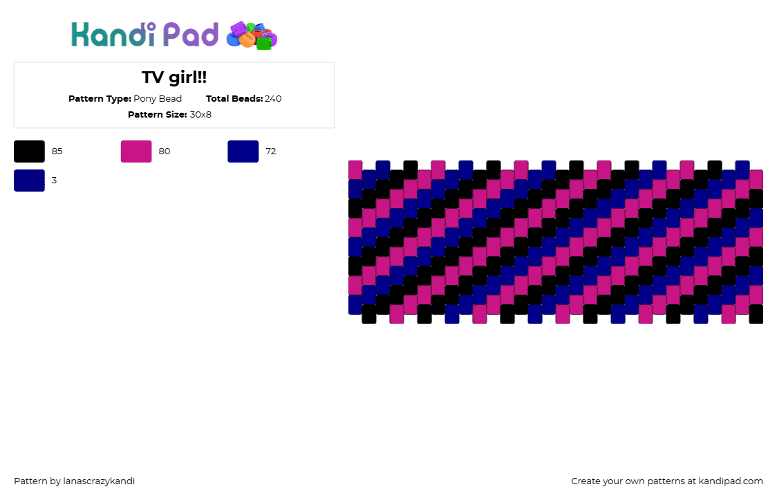 TV girl!! - Pony Bead Pattern by lanascrazykandi on Kandi Pad - tv girl,diagonal,stripes,cuff,dark,black,pink,blue