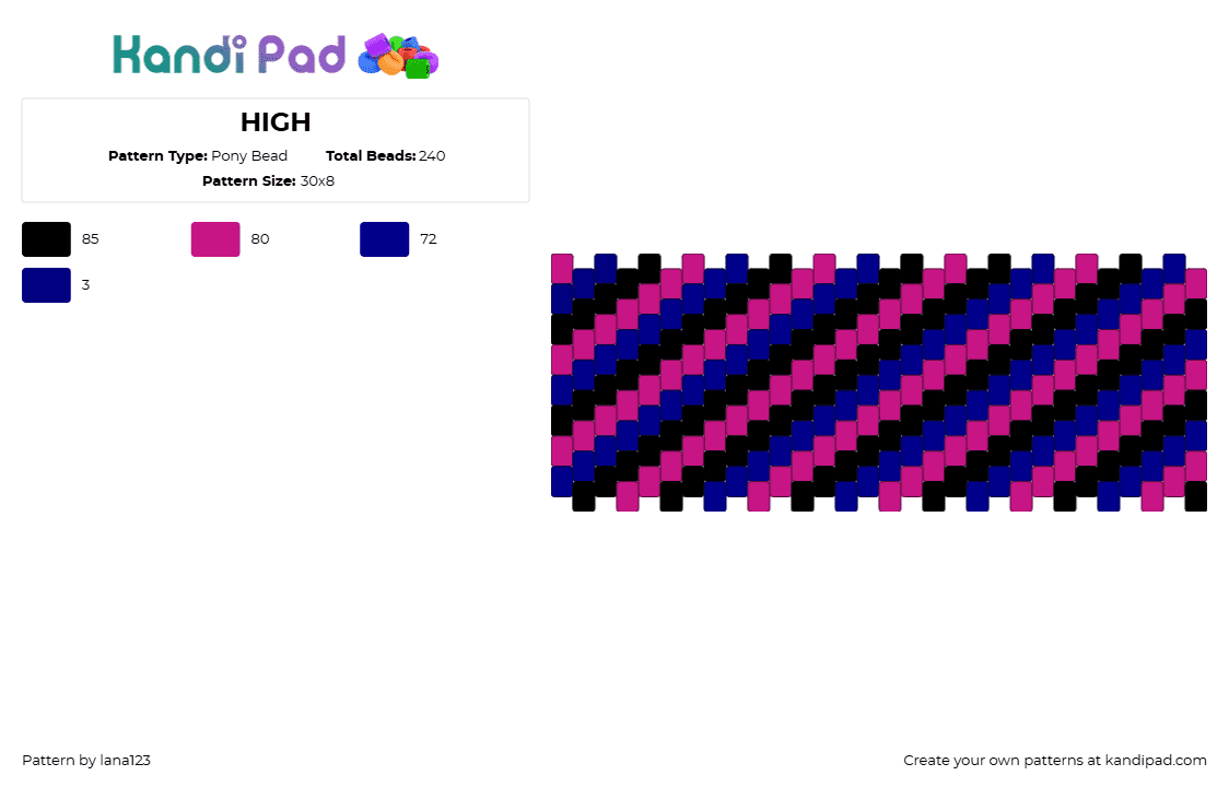 HIGH - Pony Bead Pattern by lanascrazykandi on Kandi Pad - scene,diagonal,stripes,cuff,tv girl,dark,pink,black,blue