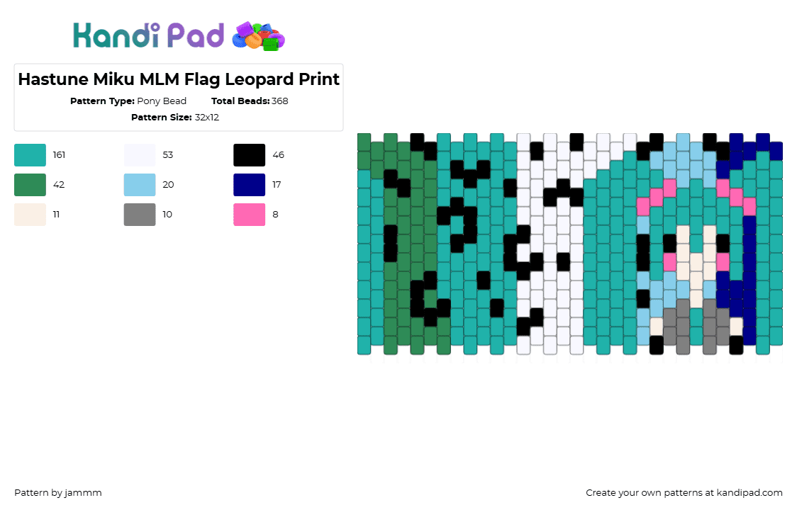 Hastune Miku MLM Flag Leopard Print - Pony Bead Pattern by jammm on Kandi Pad - hatsune miku,mlm,leopard,vocaloid,animal print,music,cuff,pride,teal