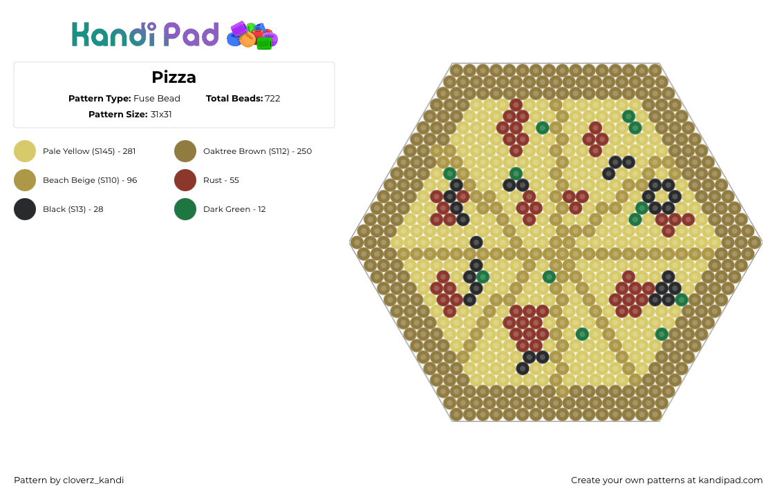 Pizza - Fuse Bead Pattern by cloverz_kandi on Kandi Pad - pizza,food,hexagon,cheese,yellow,tan