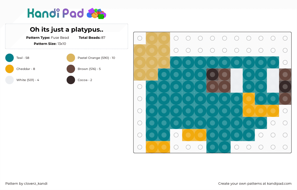 Oh its just a platypus.. - Fuse Bead Pattern by f3lix_1sw31rd on Kandi Pad - perry,platypus,phineas and ferb,character,tv show,cartoon,derpy,animal,teal