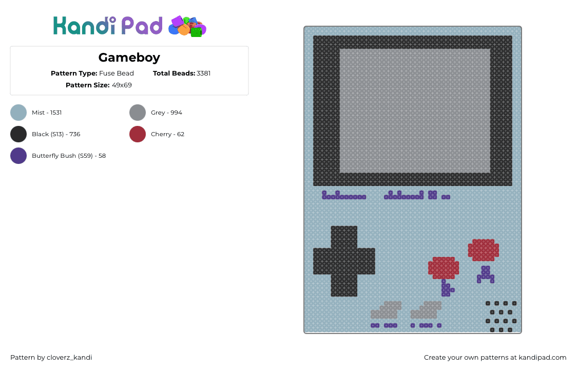 Gameboy - Fuse Bead Pattern by cloverz_kandi on Kandi Pad - gameboy,nintendo,console,video game,classic,retro,nostalgia,light blue,gray,black