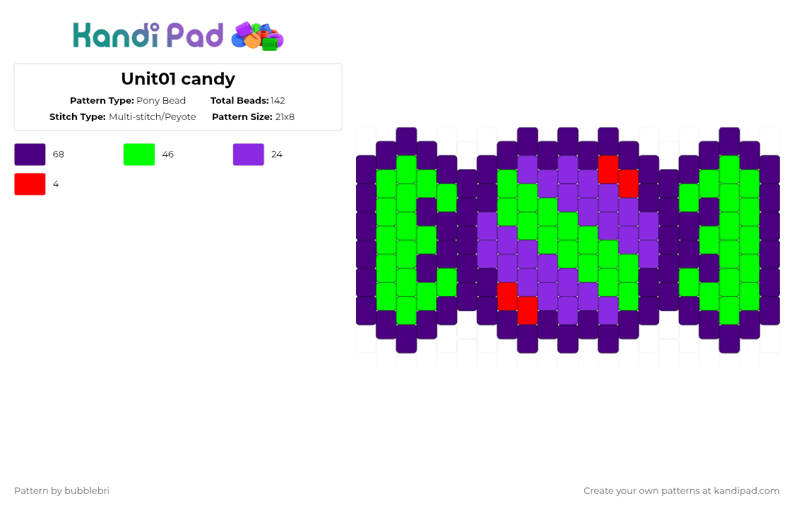 Unit01 candy - Pony Bead Pattern by bubblebri on Kandi Pad - purple,green,evangelion,nge,unit01,candy,piece