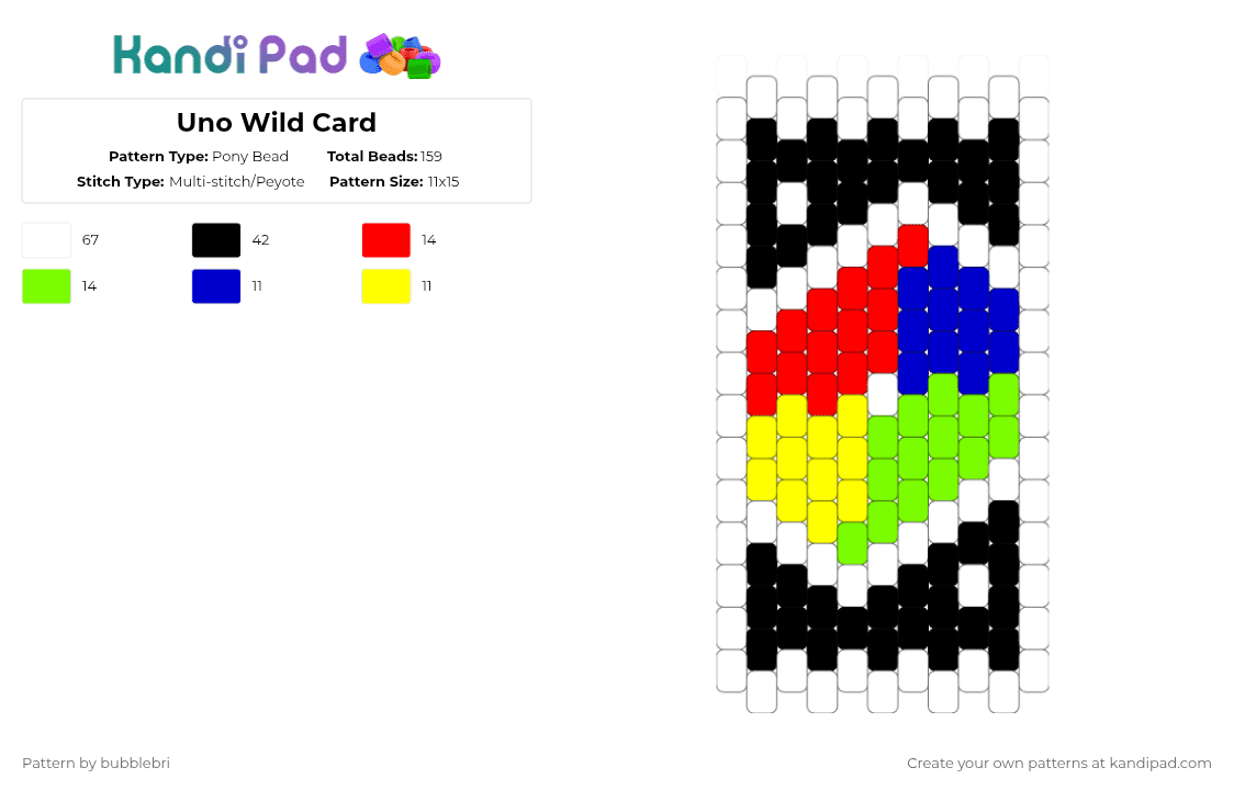 Uno Wild Card - Pony Bead Pattern by bubblebri on Kandi Pad - white,red,green,uno,wild,card