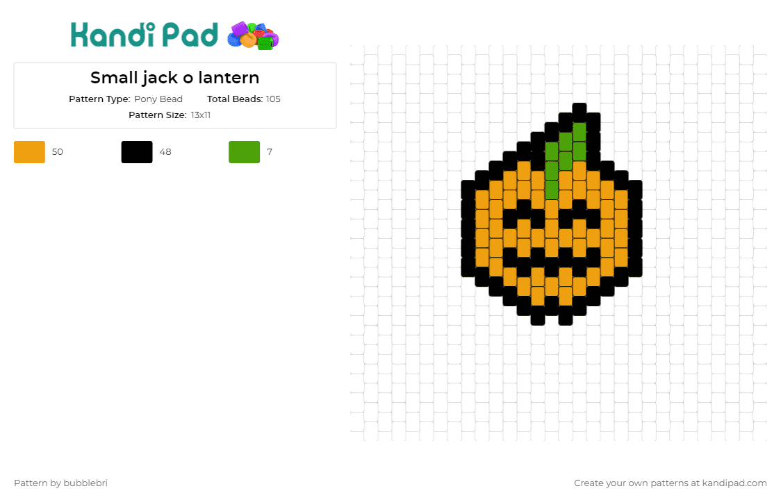 Small jack o lantern - Pony Bead Pattern by bubblebri on Kandi Pad - pumpkin,halloween,cute,charm,keychain,zipper pull,orange