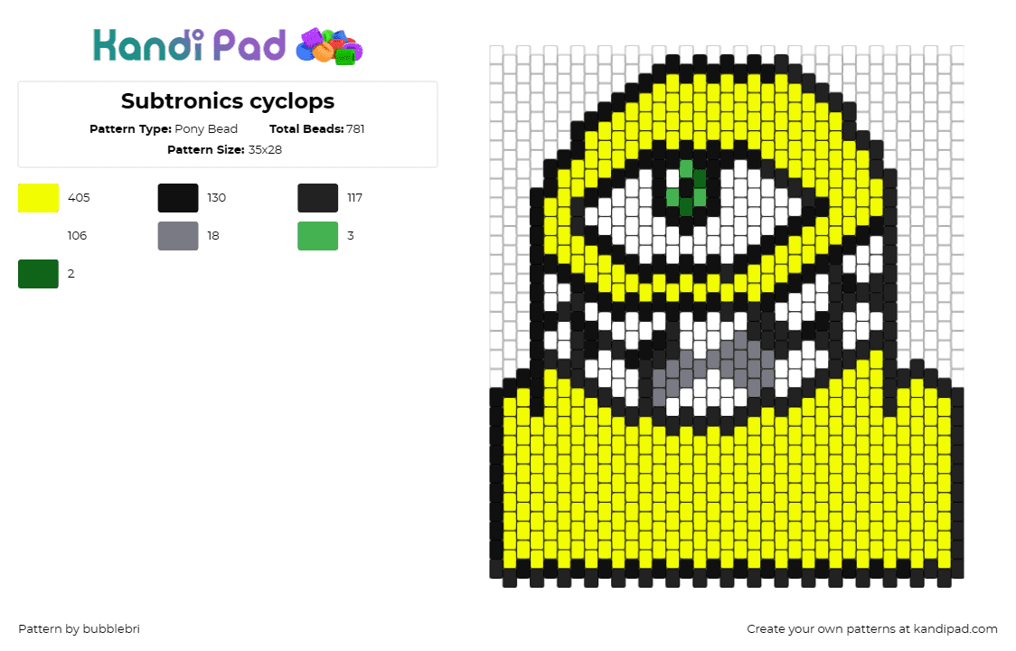 Subtronics cyclops - Pony Bead Pattern by bubblebri on Kandi Pad - subtronics,cyclops,dj,music,edm,dj,smile,yellow