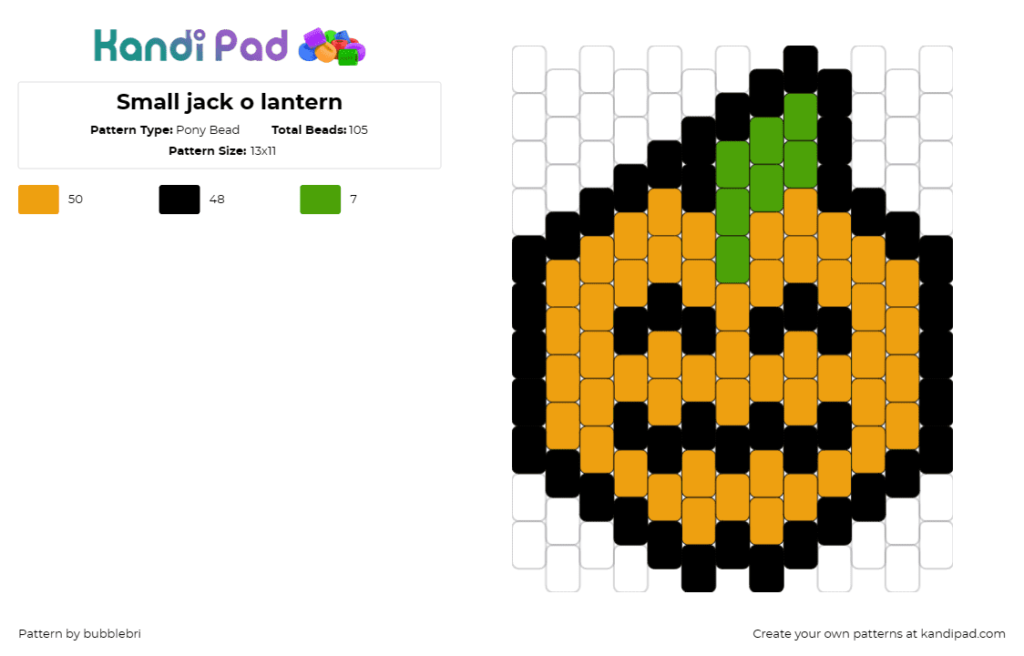 Small jack o lantern - Pony Bead Pattern by bubblebri on Kandi Pad - pumpkin,halloween,cute,keychain,zipper pull,orange