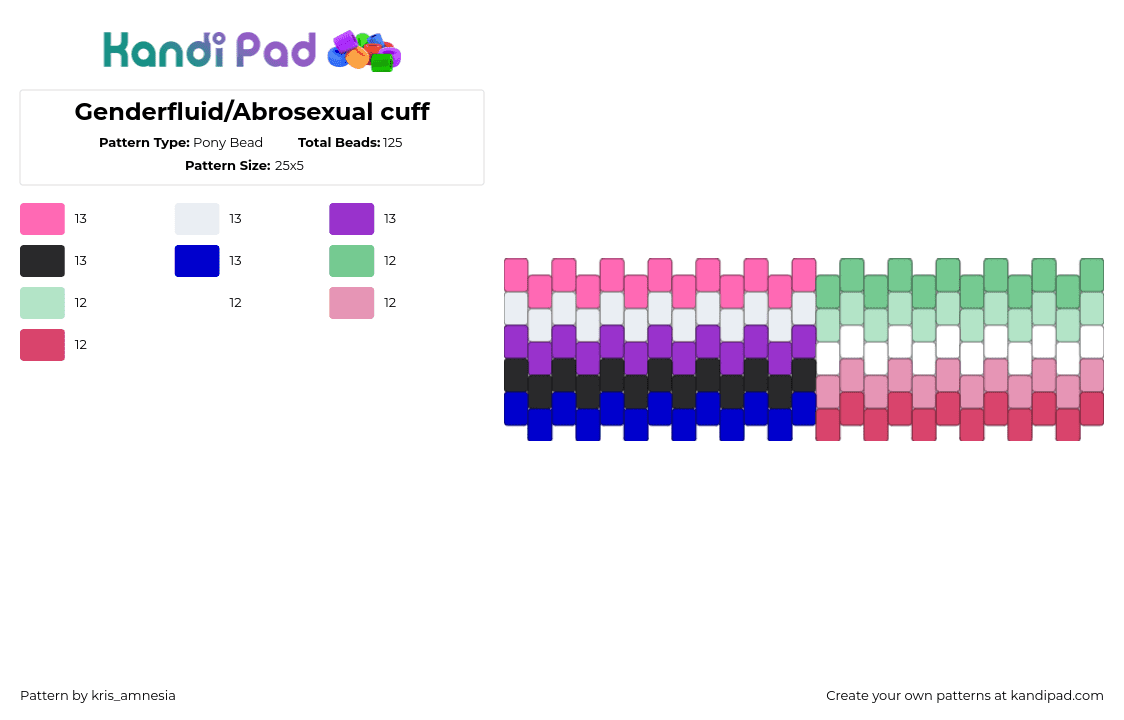 Genderfluid/Abrosexual cuff - Pony Bead Pattern by kris_amnesia on Kandi Pad - genderfluid,abrosexual,pride,cuff,pink,green