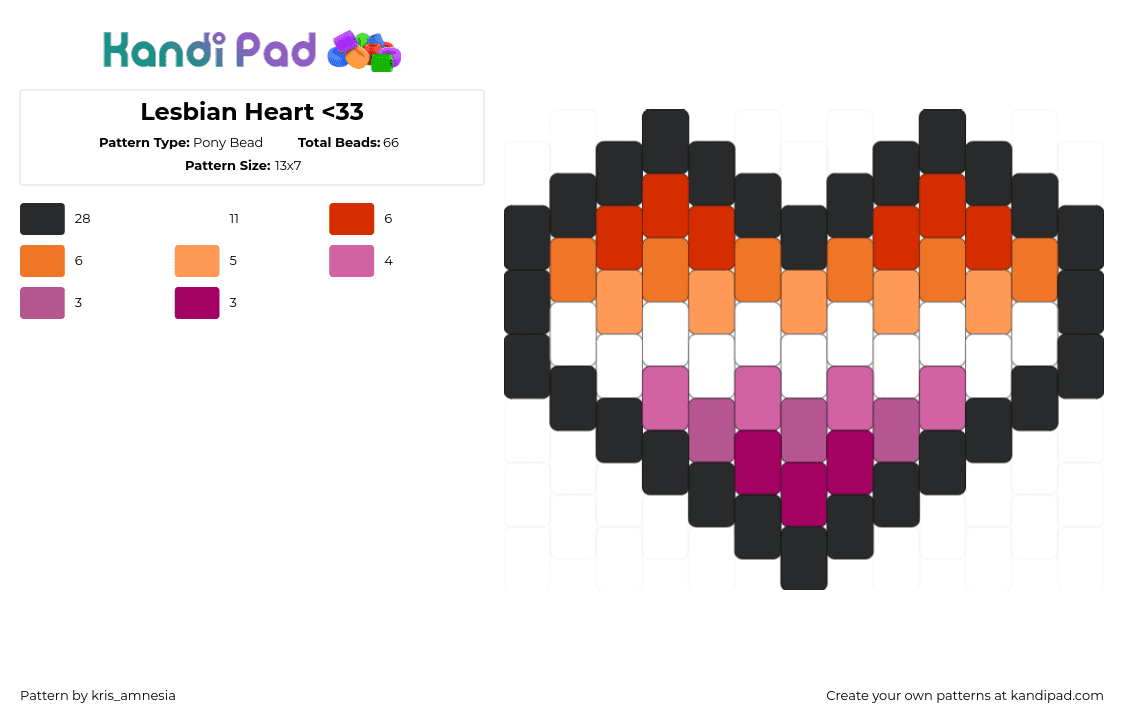 Lesbian Heart - Pony Bead Pattern by kris_amnesia on Kandi Pad - lesbian,pride,heart,charm,orange,pink